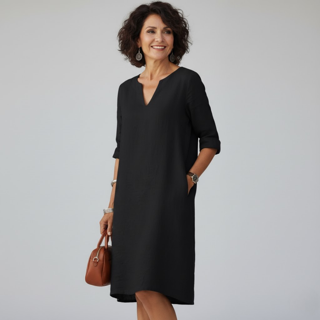 V-Neck Shift Midi Dress