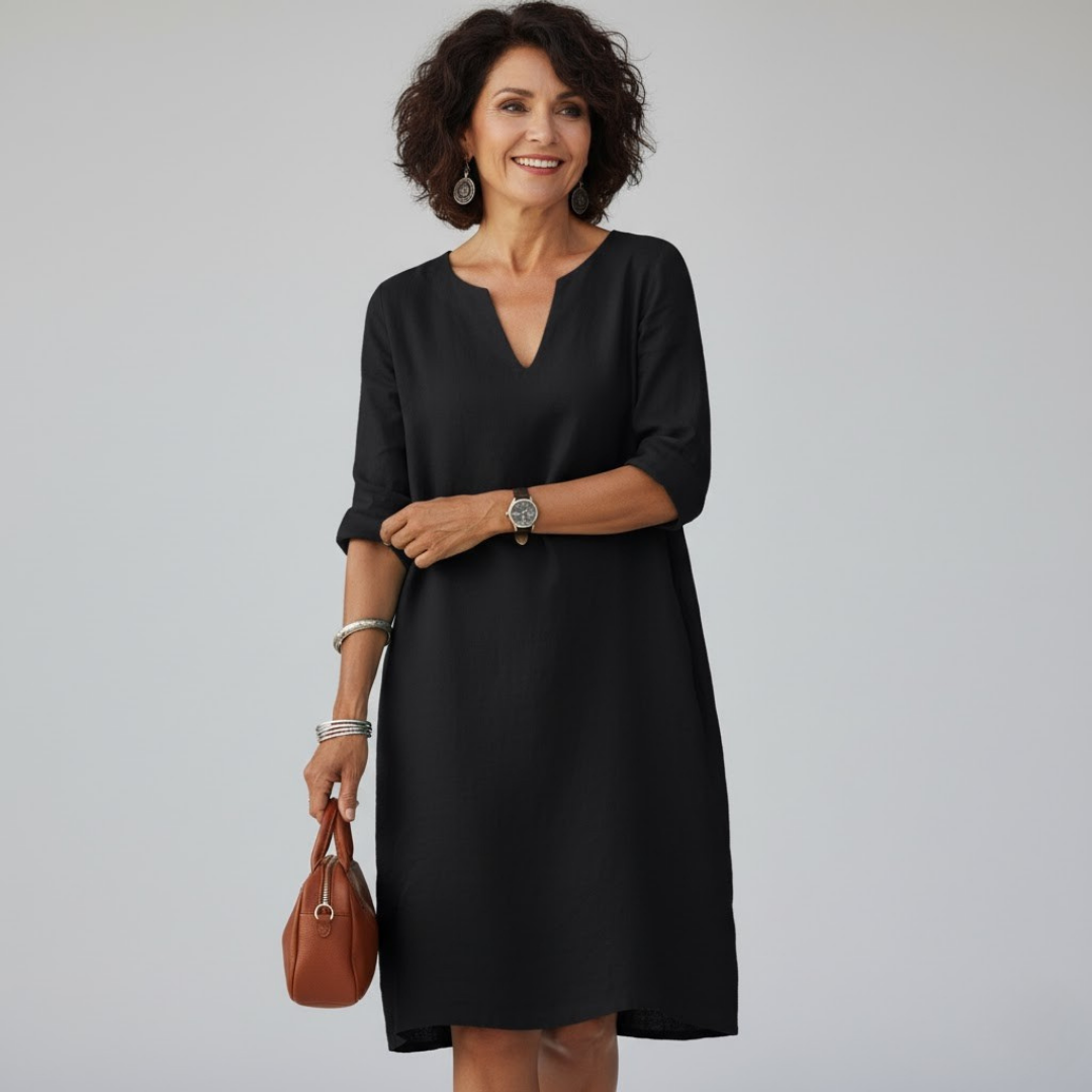 V-Neck Shift Midi Dress