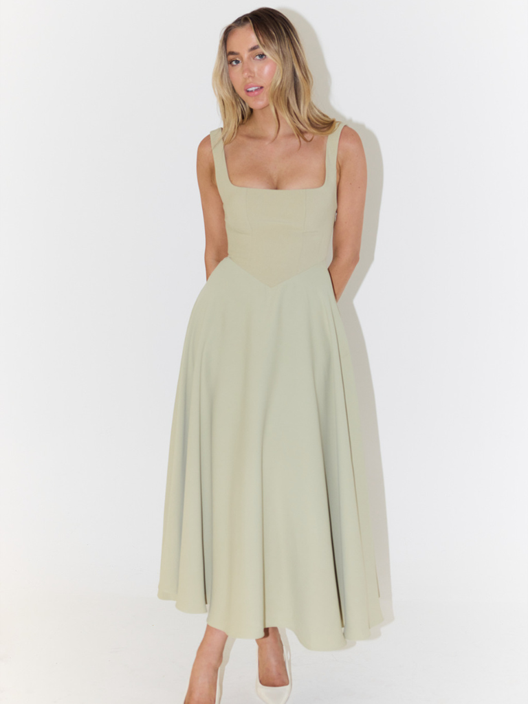 Square-Neck Flared Midi Dress