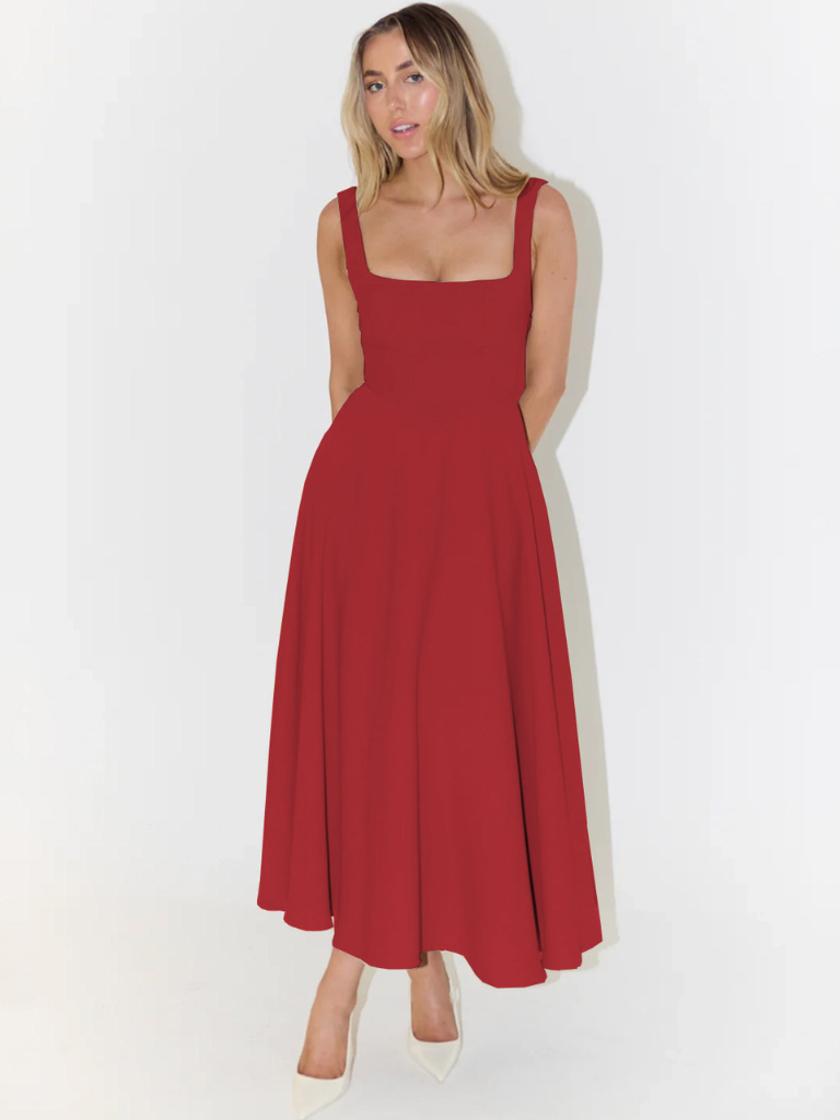Square-Neck Flared Midi Dress