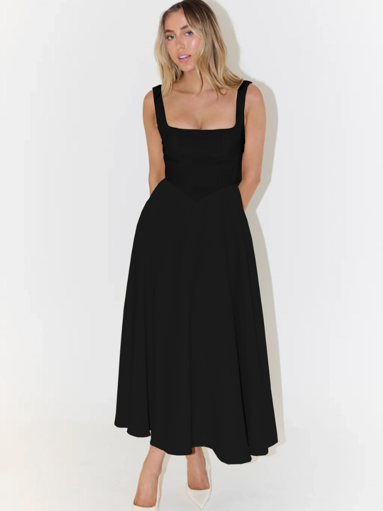 Square-Neck Flared Midi Dress
