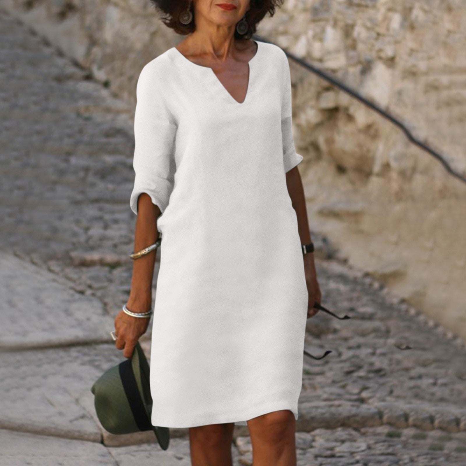 V-Neck Shift Midi Dress