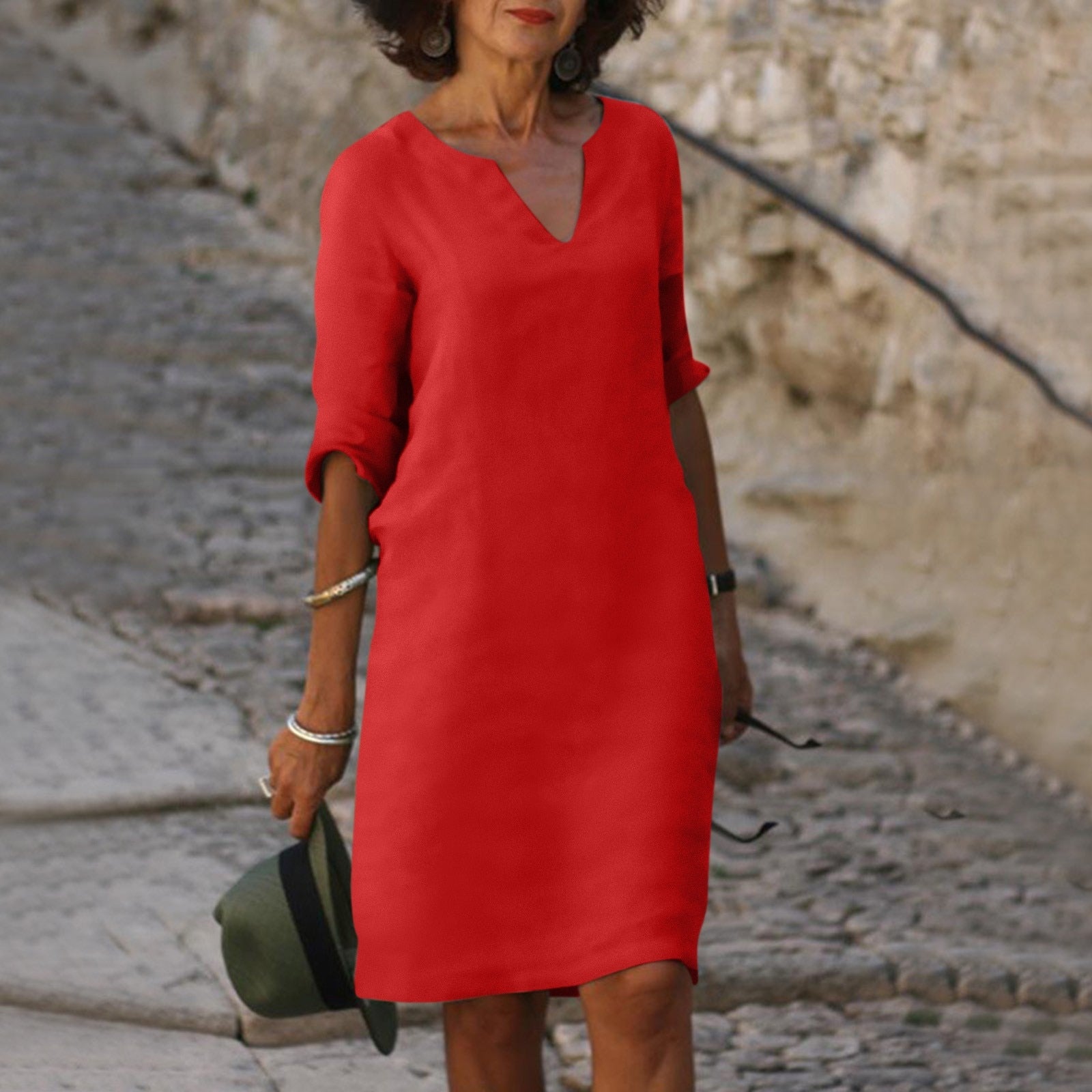 V-Neck Shift Midi Dress