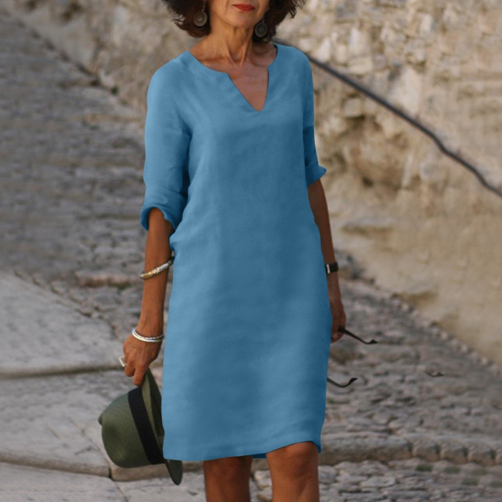 V-Neck Shift Midi Dress