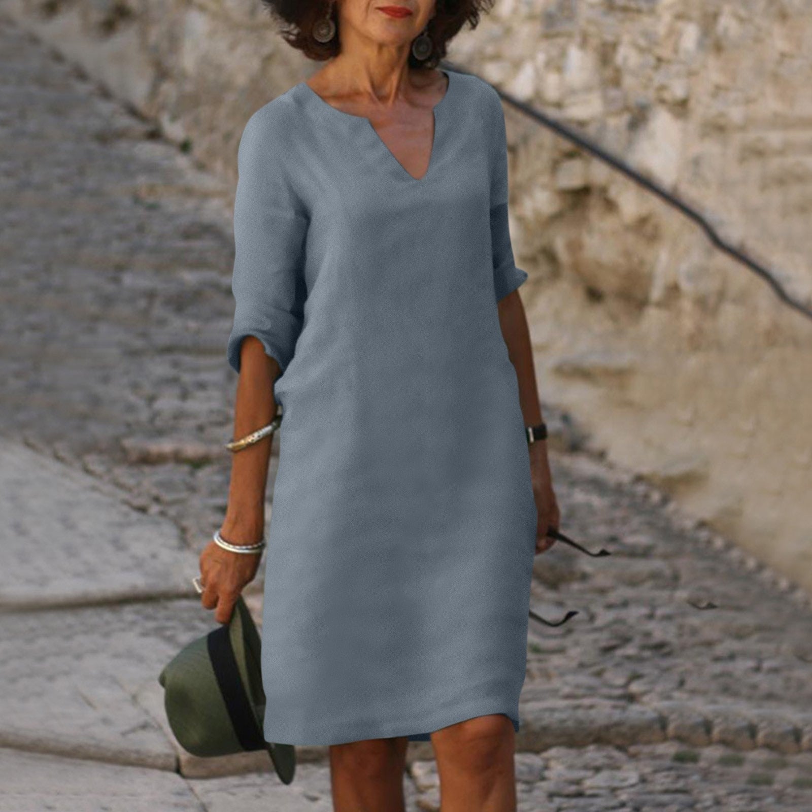 V-Neck Shift Midi Dress