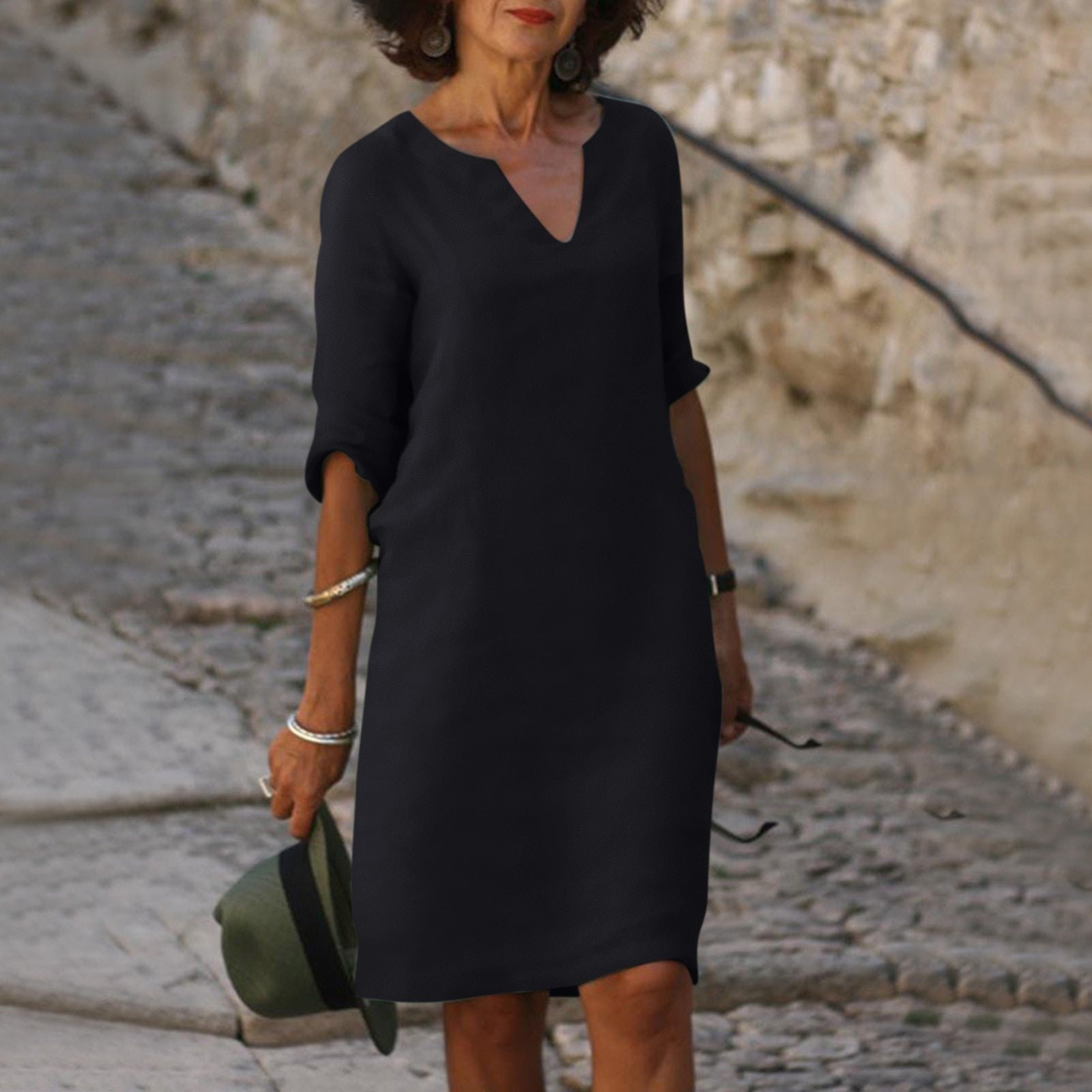 V-Neck Shift Midi Dress