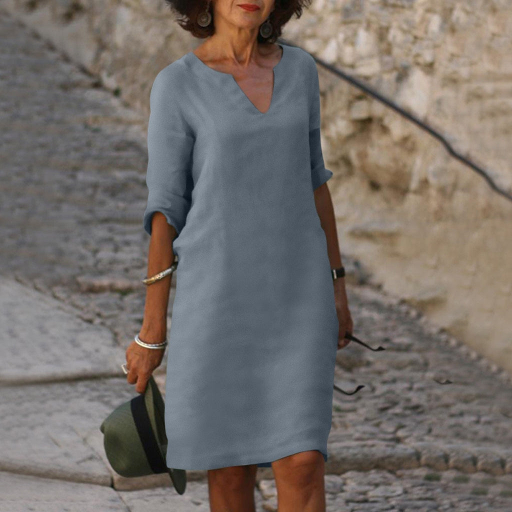 V-Neck Shift Midi Dress